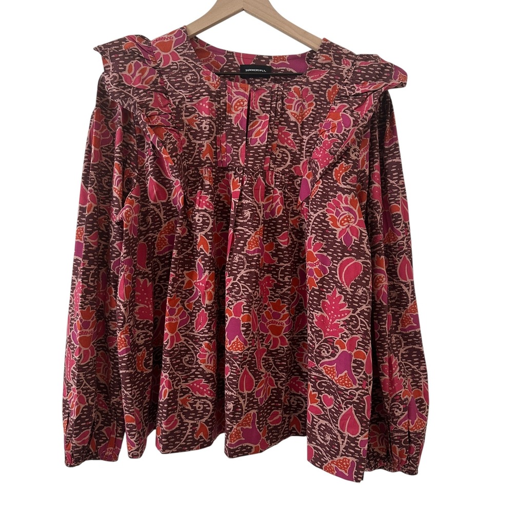 Summersalt Floral Ruffle Blouse Womens Medium Pink Orange Boho Pleated Excellent